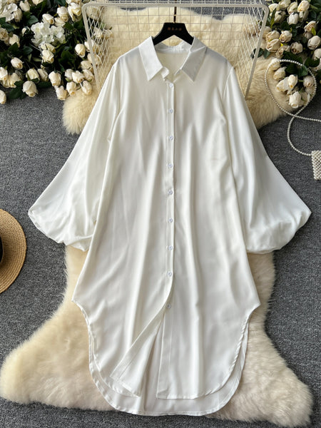 Classic Button-Down High-Low Hemline White Dress