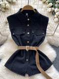 Black Denim Top Beige Skirt Two-Piece Outfit