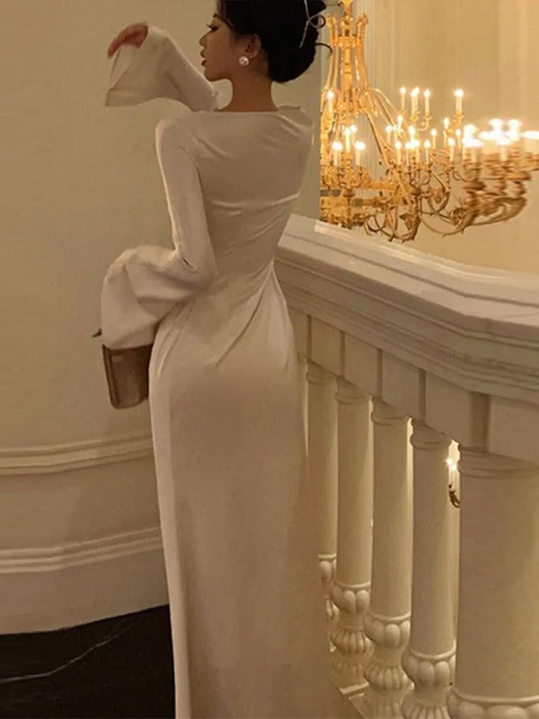 2024 Elegant White Bell-Sleeve Dress – Ncocon