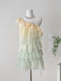 Flower Embellishment Ombre One Shoulder Tulle Mini Dress