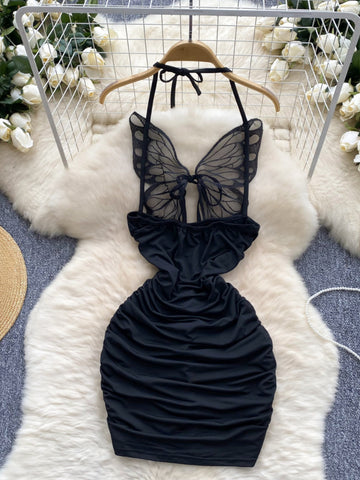 Halter Neck Ruched  Black Butterfly Mini Bodycon Dress