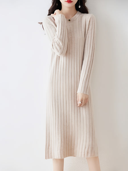 Elegant Cozy Long Sleeves Taupe Pleated Midi Sweater Dress