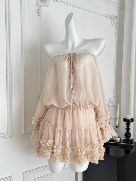 Romantic Off Shoulder Blush Pink Chiffon Dress
