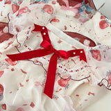 Red Bow Strawberry Printed Puff Sleeve Tiered Dress