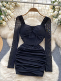 Black Mesh Sleeve Ruched Bodycon Dress