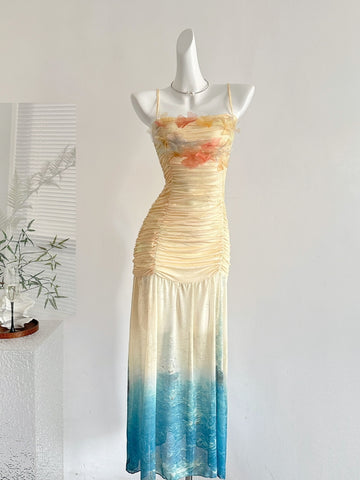 Stunning Ombre Ruched Spaghetti Strap Maxi Dress