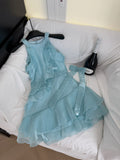 Chic Light Blue Halter Neck Ruffled Mini Dress