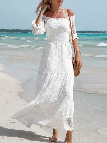White Contrast Lace Maxi Hem Formal Dress