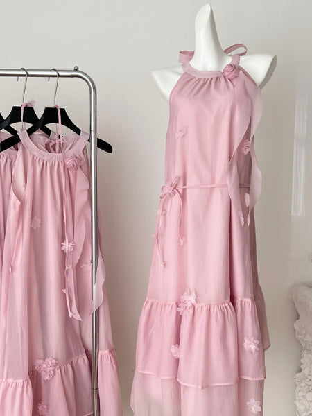 Delicate Flower Pink Halter Maxi Dress