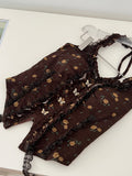 Ruffle & Lace Brown Two Piece Floral Halter Dress