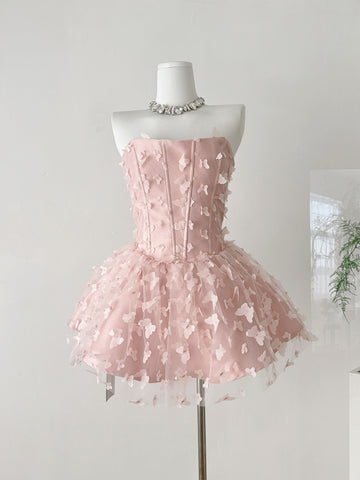 Butterfly Embellishments Strapless Pink Mini Dress