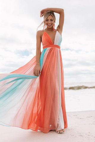 Orange Rainbow Chiffon Maxi Beach Dress