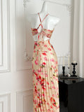 Halter Neck Floral Print Pleated Maxi Dress