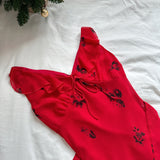 Delicate Floral Embellishments Flared Hem Red Maxi Dress