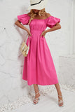 Pink Ruffled Off-Shoulder Midi Dress
