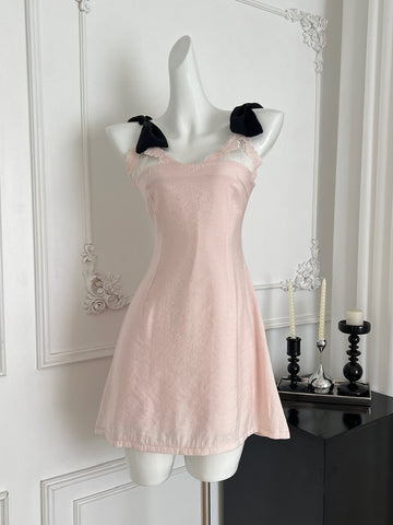 Black Bow Straps Charming Pink Mini Dress