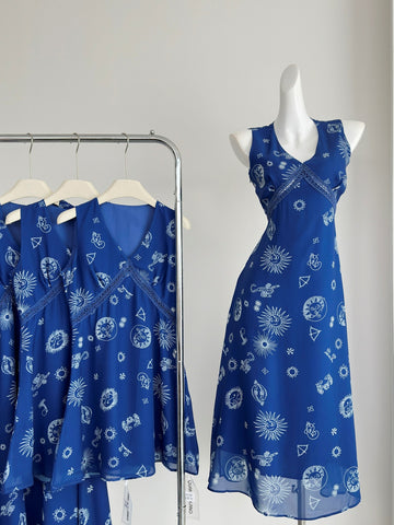 Astrological Motif Prints Navy Blue Midi Dress