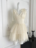 Cream Polka Dot V Neck Tiered Mini Dress