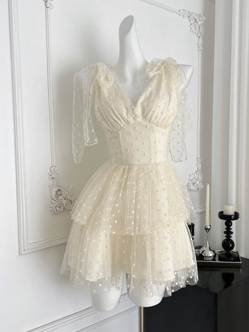 Cream Polka Dot V Neck Tiered Mini Dress