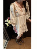 French Embroidered Floral Holiday Ruffled Lantern Sleeve Dress