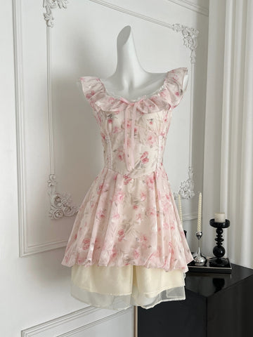 Adorable Pink Floral Ruffled Off Shoulder Mini Dress