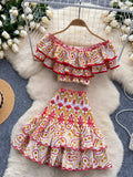 Colorful Print Ruffles Off-Shoulder Two-Piece Set