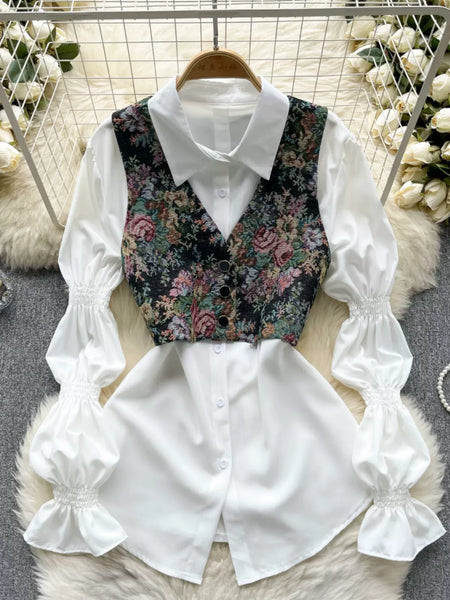 White Blouse with Floral Vest Ensemble