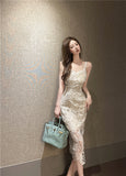 Sexy V-neck lace strapless slit slim skirt with suspenders