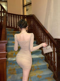 Pure square neck gauze long sleeve nail drill slim dress