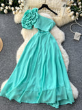 Floral Embellishment Flared Skirt Pink One-Shoulder Dress