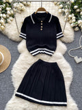 Button-Up Pleated Skirt Top Pink Two-Piece Knit Set