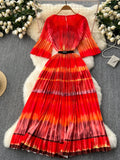 Red and Orange Pleated Dress