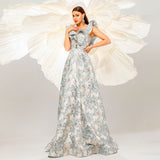 Ruffle Floral Jacquard Print Prom Dress