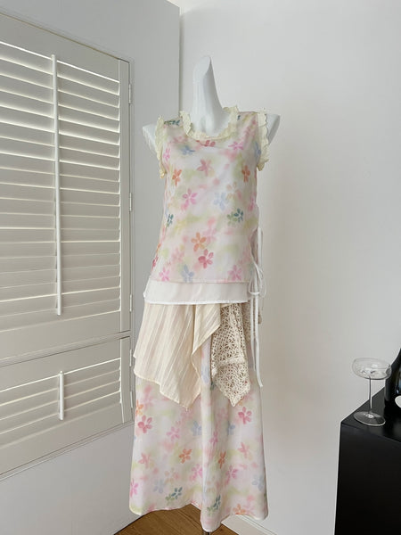 Pastel Floral Print Sleeveless Top & Skirt Set