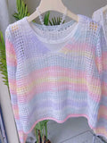 Crochet V-Neck Airy Pastel Rainbow Sweater