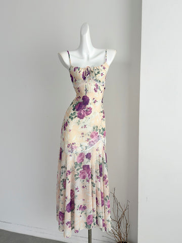Ruched Bodice Floral Print Spaghetti Strap Midi Dress