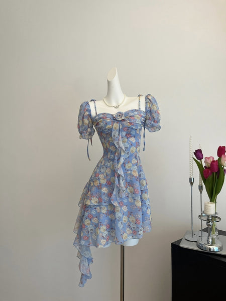 Delight Blue Floral Cascade Dress