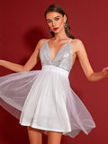 Silver Sequin Bodice Tulle Skirt Party Dress