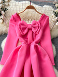 Statement Bow Flared Skirt Pink Long-Sleeve Dress