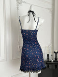Floral Print Seductive Navy Blue Mini Dress
