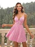 Delicate Straps Pink Sequined Skater Dress