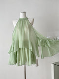 Layered Ruffle Hem Light Green Halter Chiffon Dress