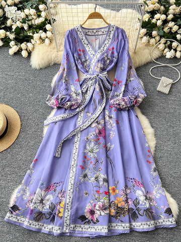 Adjustable Waist Puff Sleeves Lavender Wrap Dress