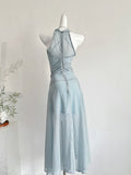 Light Blue & White Striped Halter Midi Dress