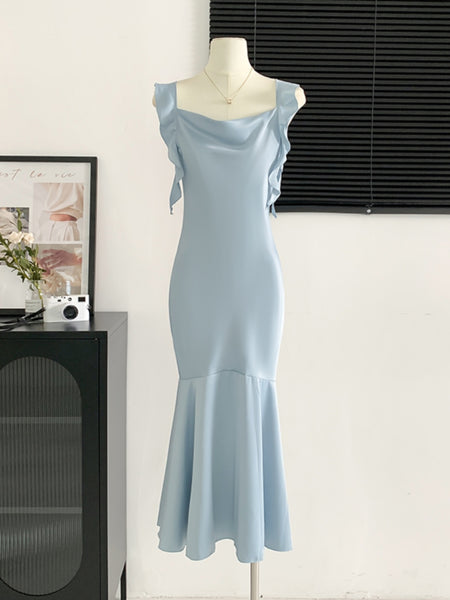 Ruffle Straps Sky-Blue Mermaid Maxi Party Dress