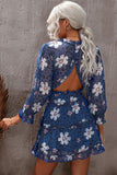 Ruffled Neckline Long Sleeves Floral Dress