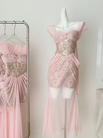 Metallic Corset Pink Strapless Dress