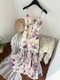 Ruched Bodice Floral Print Spaghetti Strap Midi Dress