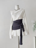 White One Shoulder Top  Black Wrap Belt