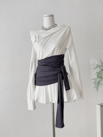 White One Shoulder Top  Black Wrap Belt